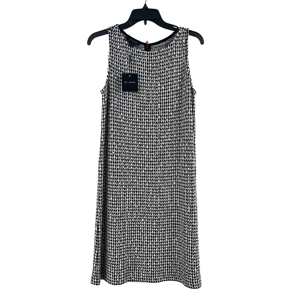 NWT ST. JOHN Sleeveless Shift Dress Ecru White Black Multi Tweed Knit M Zip Up